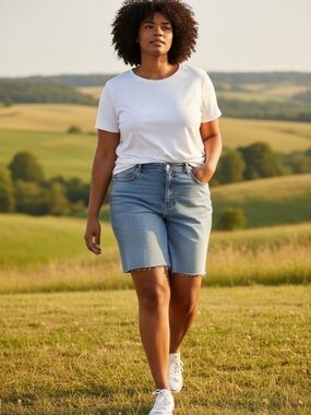 The Drop High-Rise Light Blue Denim Bermuda Shorts - Casual Summer Staple Sz 38